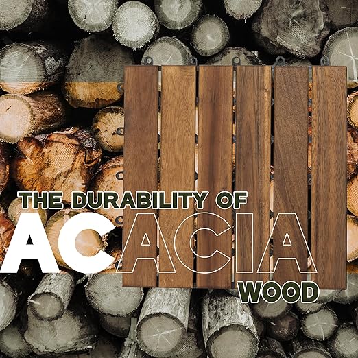 VICTORY RELAX Acacia Wood Decking Tiles 27PCS - Easy Snap Interlocking Deck Tiles for Patio Poolside Balcony Decor - All Weather Waterproof Flooring for Indoor & Outdoor (Round Joints)