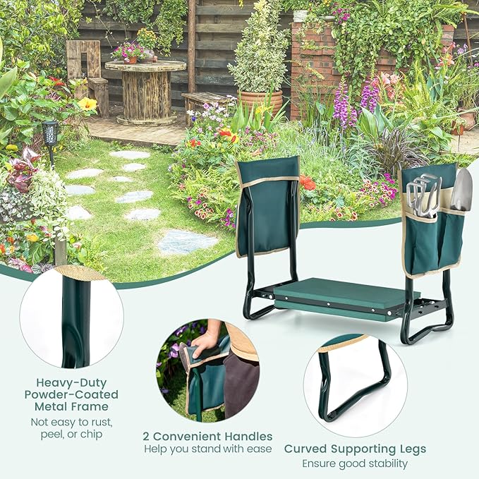 Goplus Garden Kneeler and Seat, Foldable Garden Bench for Kneeling & Sitting, Widened 8" EVA Soft Foam Pad, Heavy-Duty Garden Stool w/ 2 Large Tool Pouches, Gardening Gift for Women Men Seniors