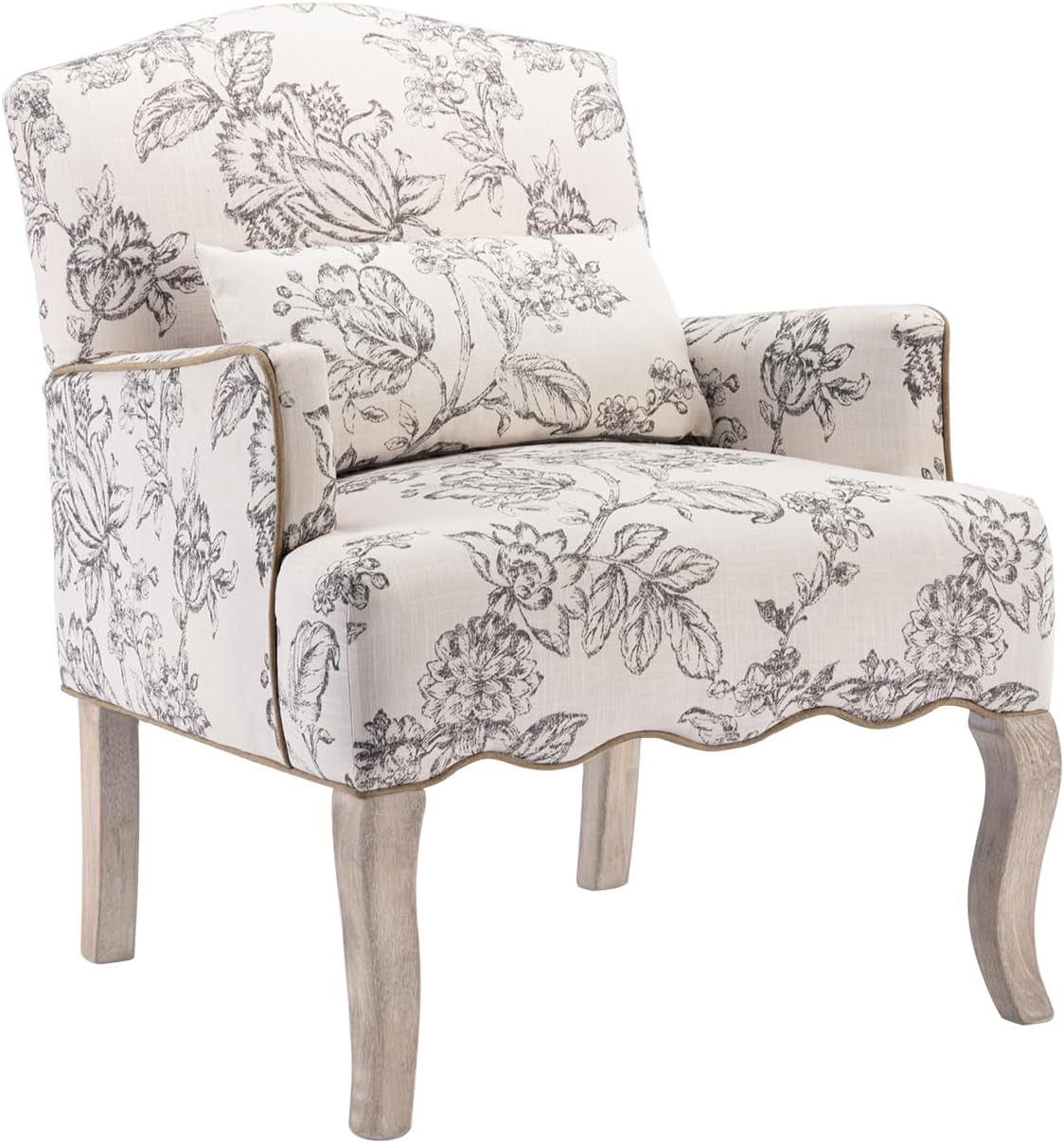 Floral Accent Chairs Farmhouse Upholstered Armchair Linen Reading Chair Mid Century Modern Single Sofa Chair with Pillow for Bedroom/Living Room/Fireplace, Beige, 1PC