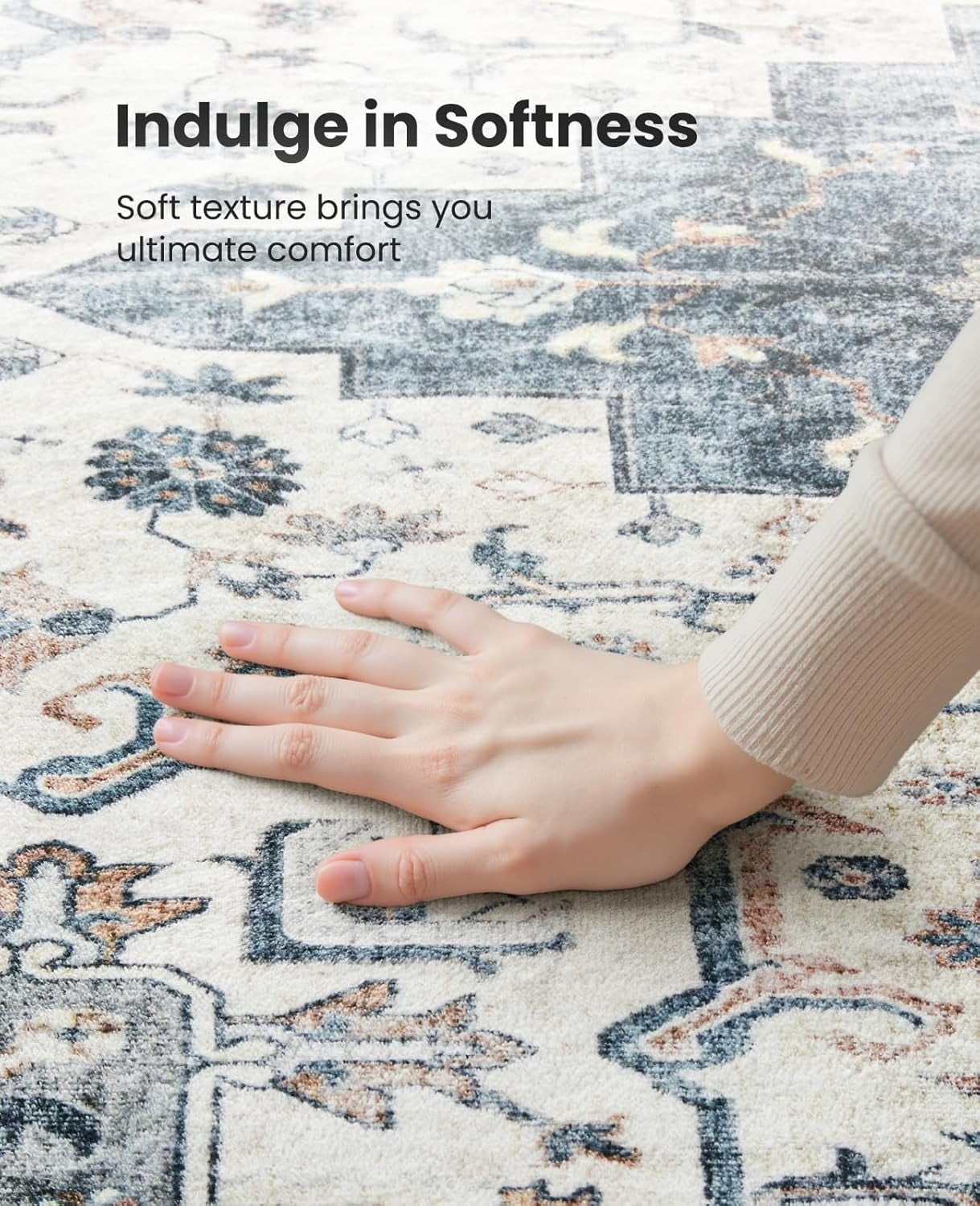 8X10 Washable Area Rug, Low-Profile Large Area Rug with Non-Slip Backing & Durable Edge Binding, Vintage Large Rugs for Living Room, Bedroom, Dinning Room