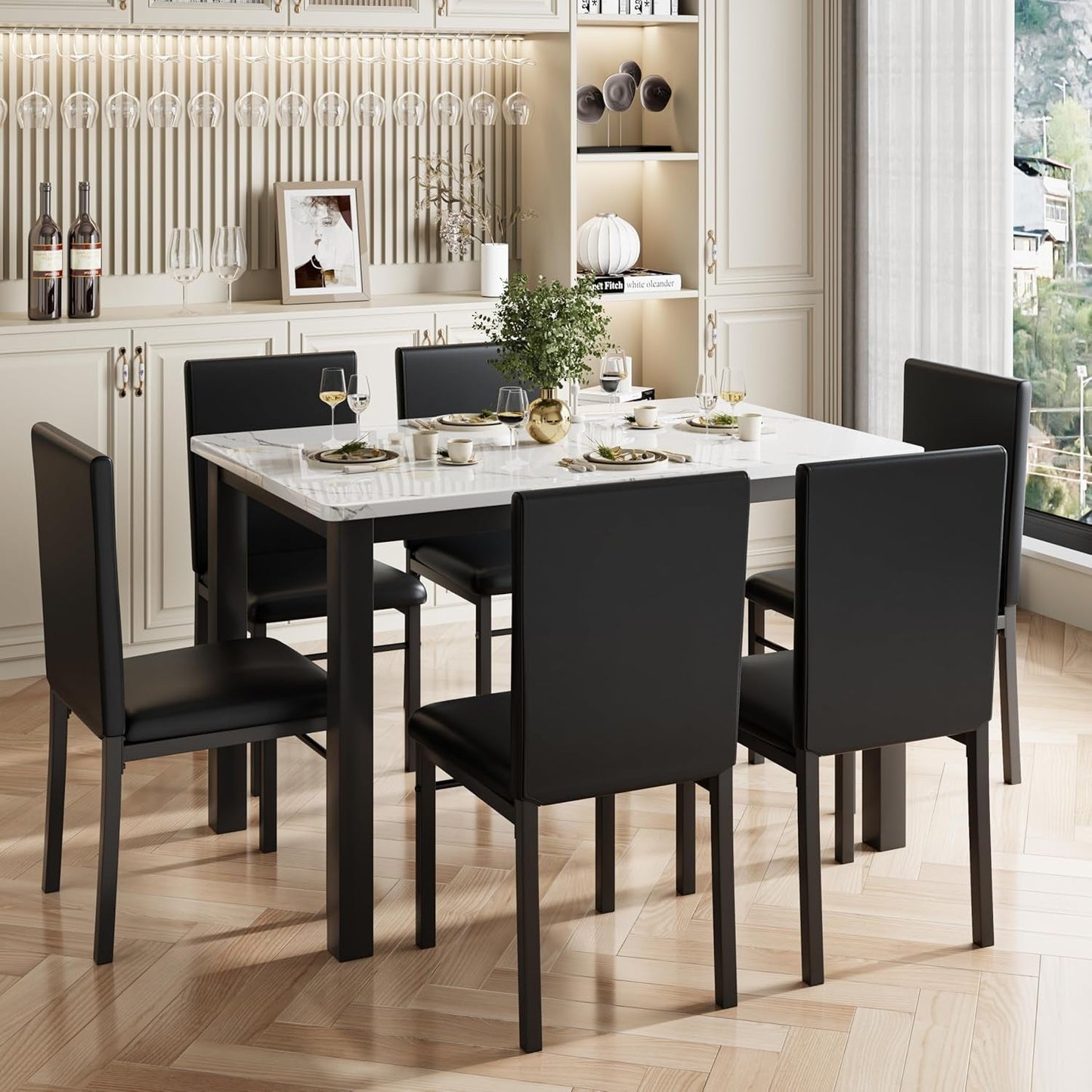 Dining Table Set for 6, 7-Piece Kitchen Dining Room Set with Faux Marble Top & Sturdy Metal Frame, Space Saving Dinner Table with 6 Chairs for Small Spaces, Dining Room, White & Black