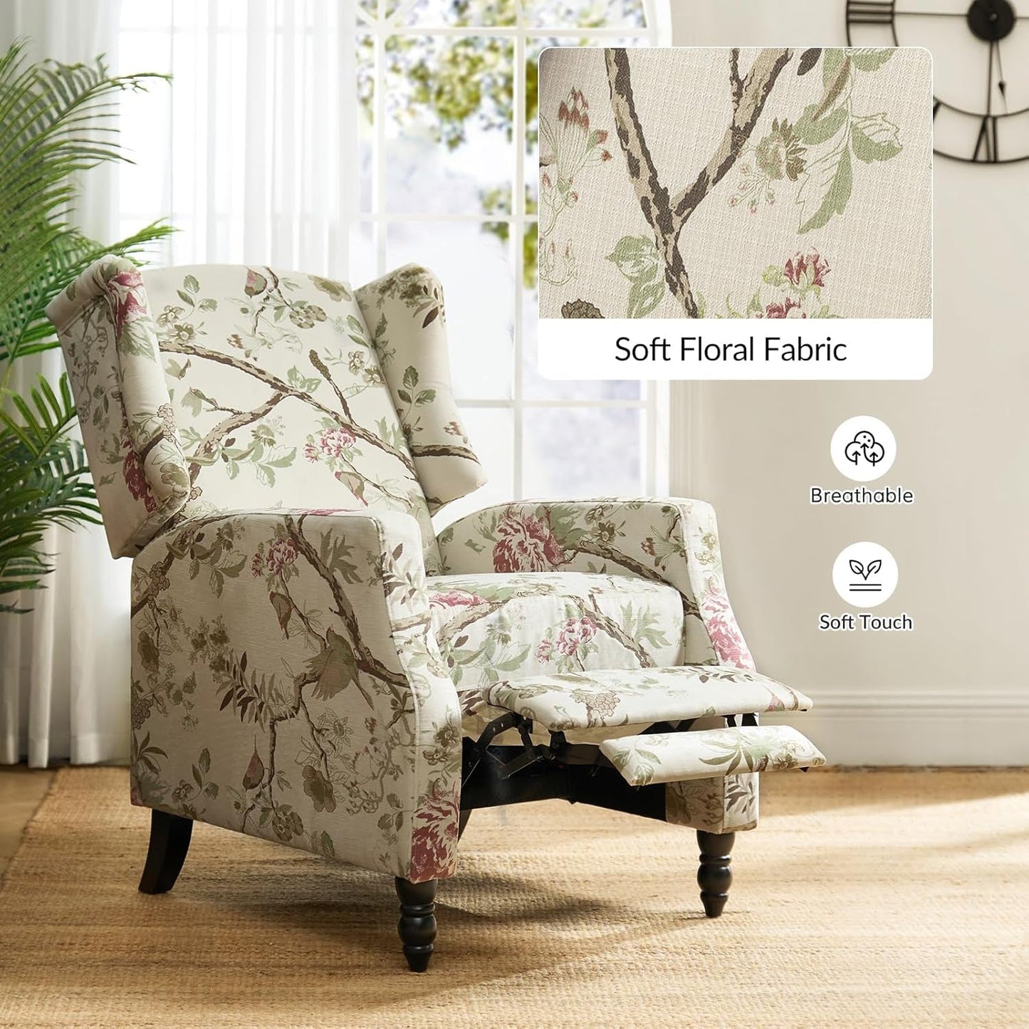 Wingback Recliner Chair, Traditional Push Back Recliner Single Sofa Chair with Solid Wood Legs, Modern Lounge Armchair for Living Room, Comfy Upholstered Accent Reclining, Bird