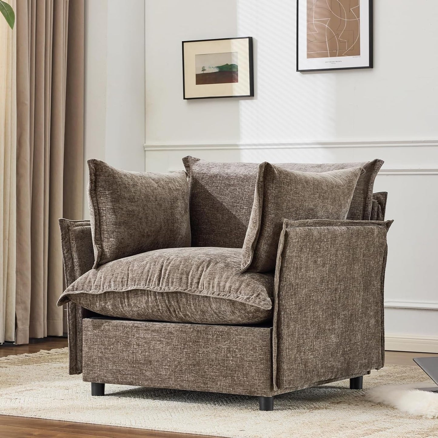 Light Browm Accent Chair 34" Width Oversized Reading Chair Upholstered Armchair Soft Chenille Fabric Living Room Chairs Sofa for Adults Bedroom, Home Office, Play Room