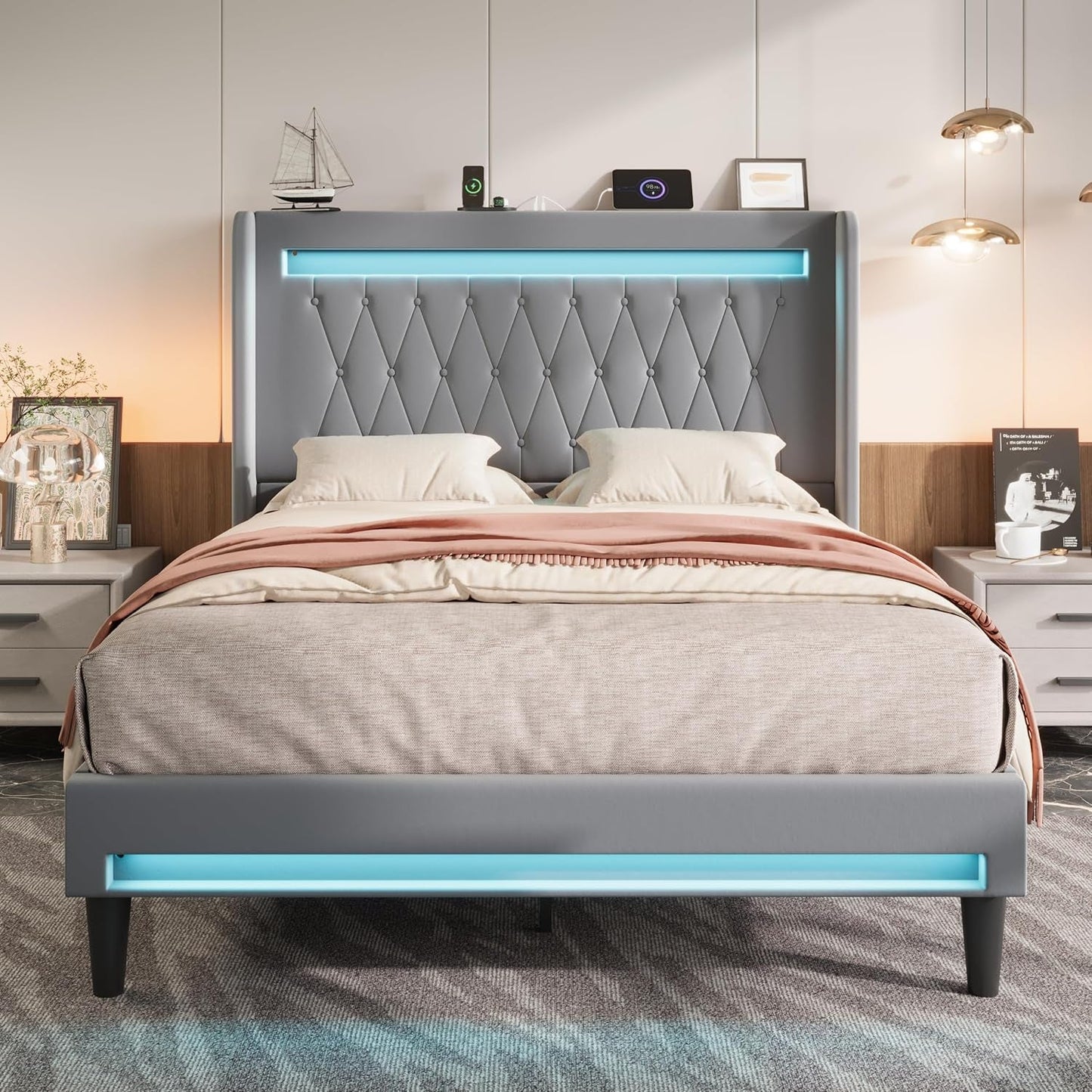 Upholstered Full Size Platform Bed Frame with LED Light and Charging Station, Button Tufted High Headboard, Wingback Design, Noise Free, Easy Assembly, No Box Spring Needed, Grey