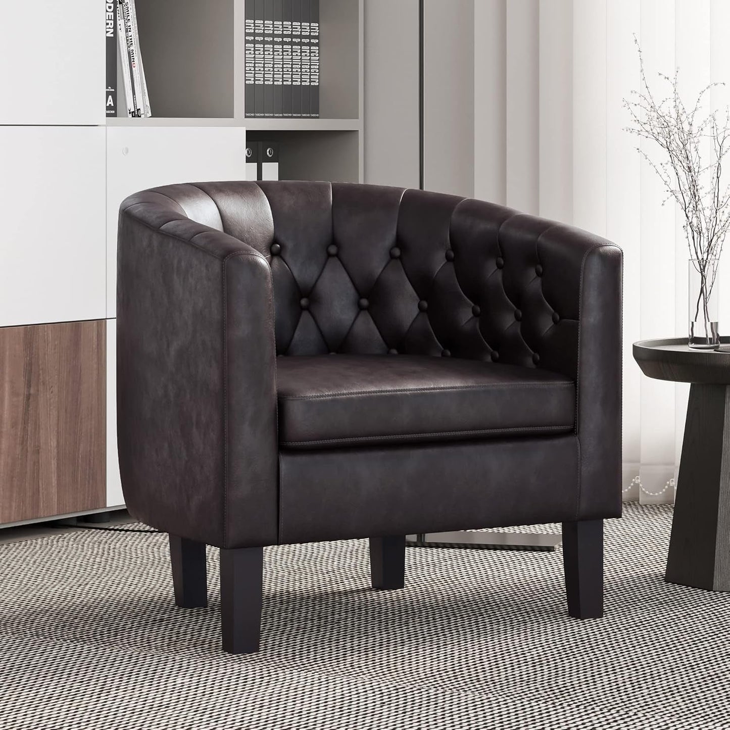 Brown Accent Chairs for Living Room, Elegant Arm Chair Upholstered Tufted Barrel Chair Club Chair for Bedroom with Sturdy Legs and Faux Leather - Berlinda (Brown)