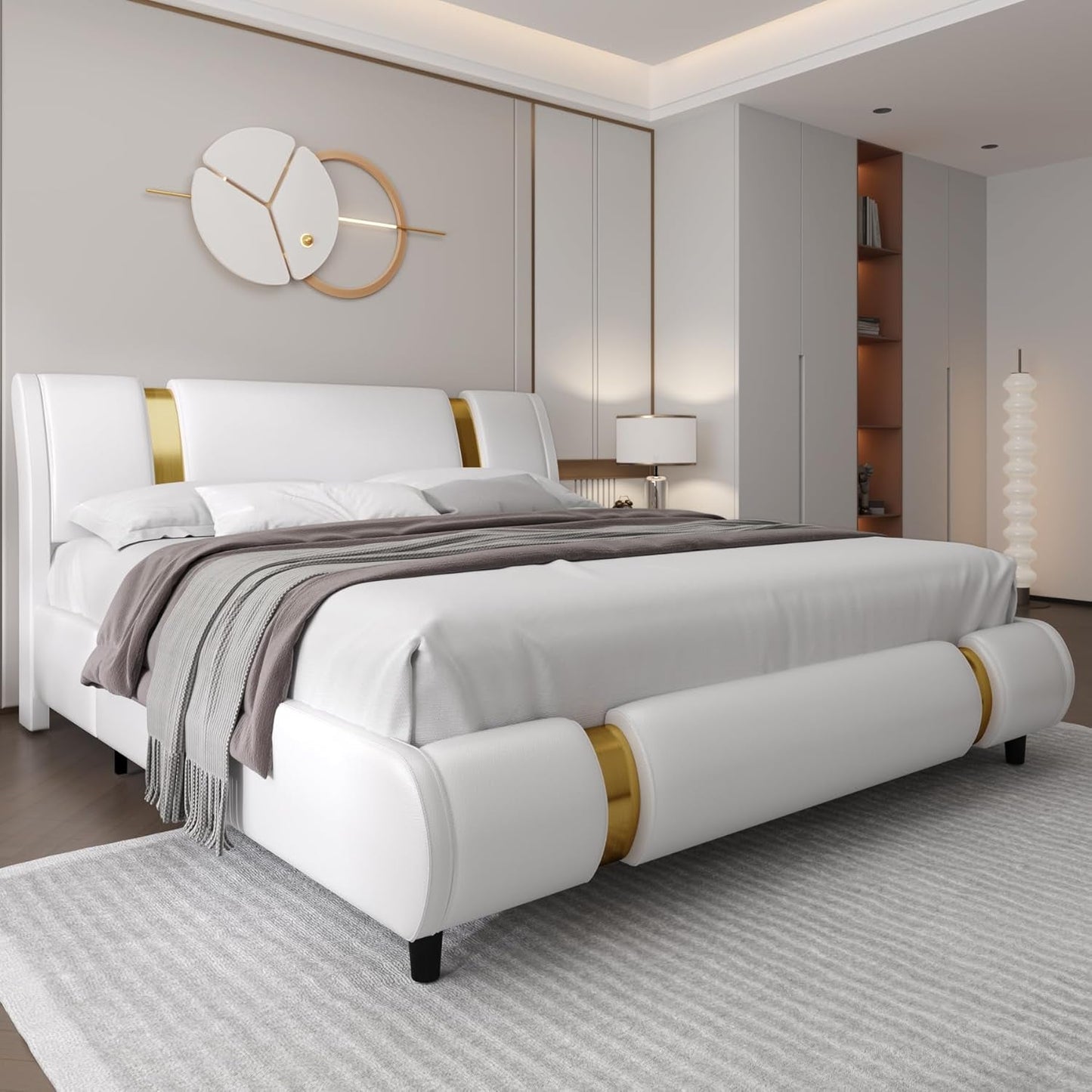 Modern Faux Leather Upholstered Platform Bed Frame with Golden Iron Metal Decor, Adjustable Curved Headboard, Wooden Slats Support, No Box Spring Needed, Queen Size, White