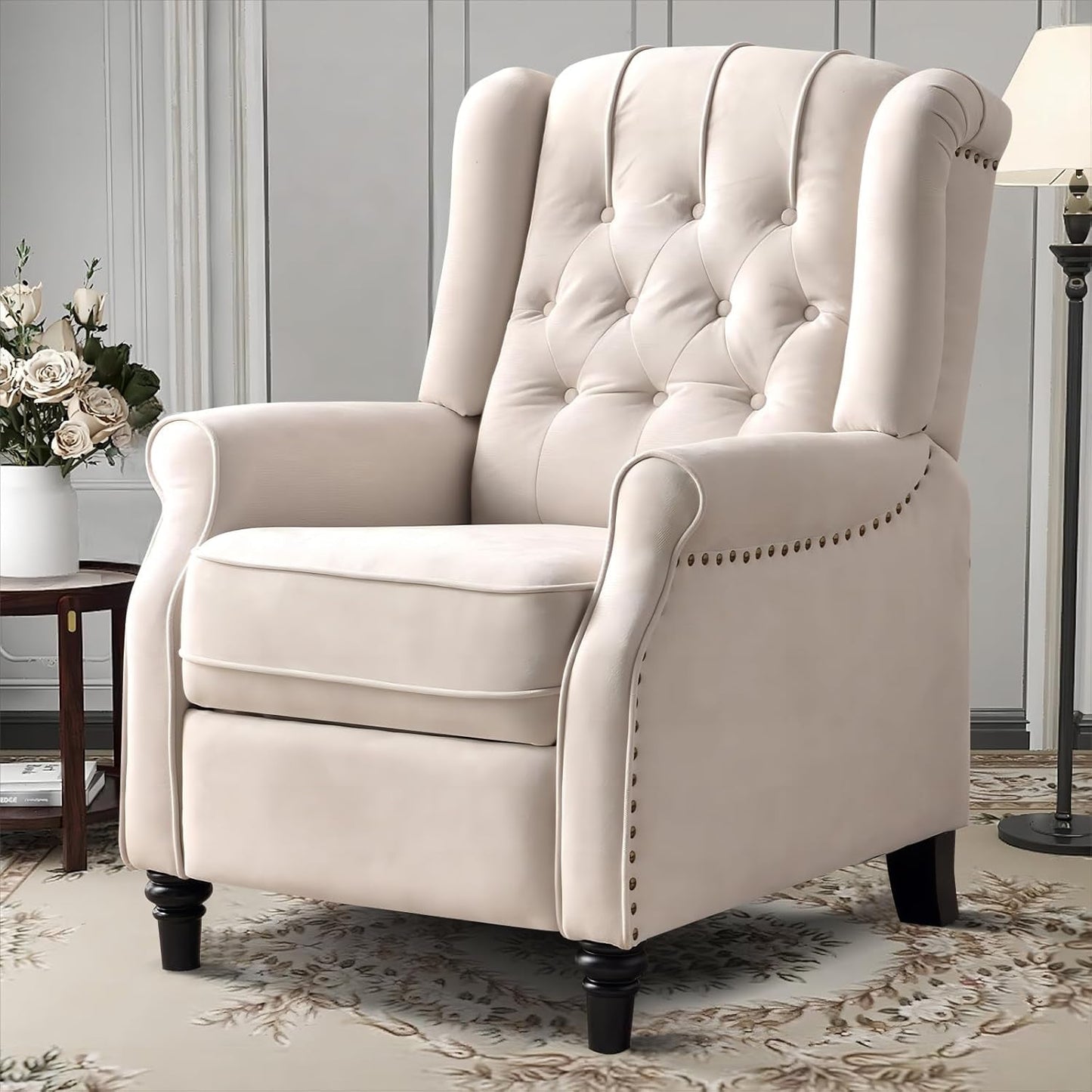 Pushback Recliner Chair, Fabric Armchair Push Back Recliner with Rivet Decoration, Mid Century Wingback Accent Chair for Living Room, Bedroom, Beige