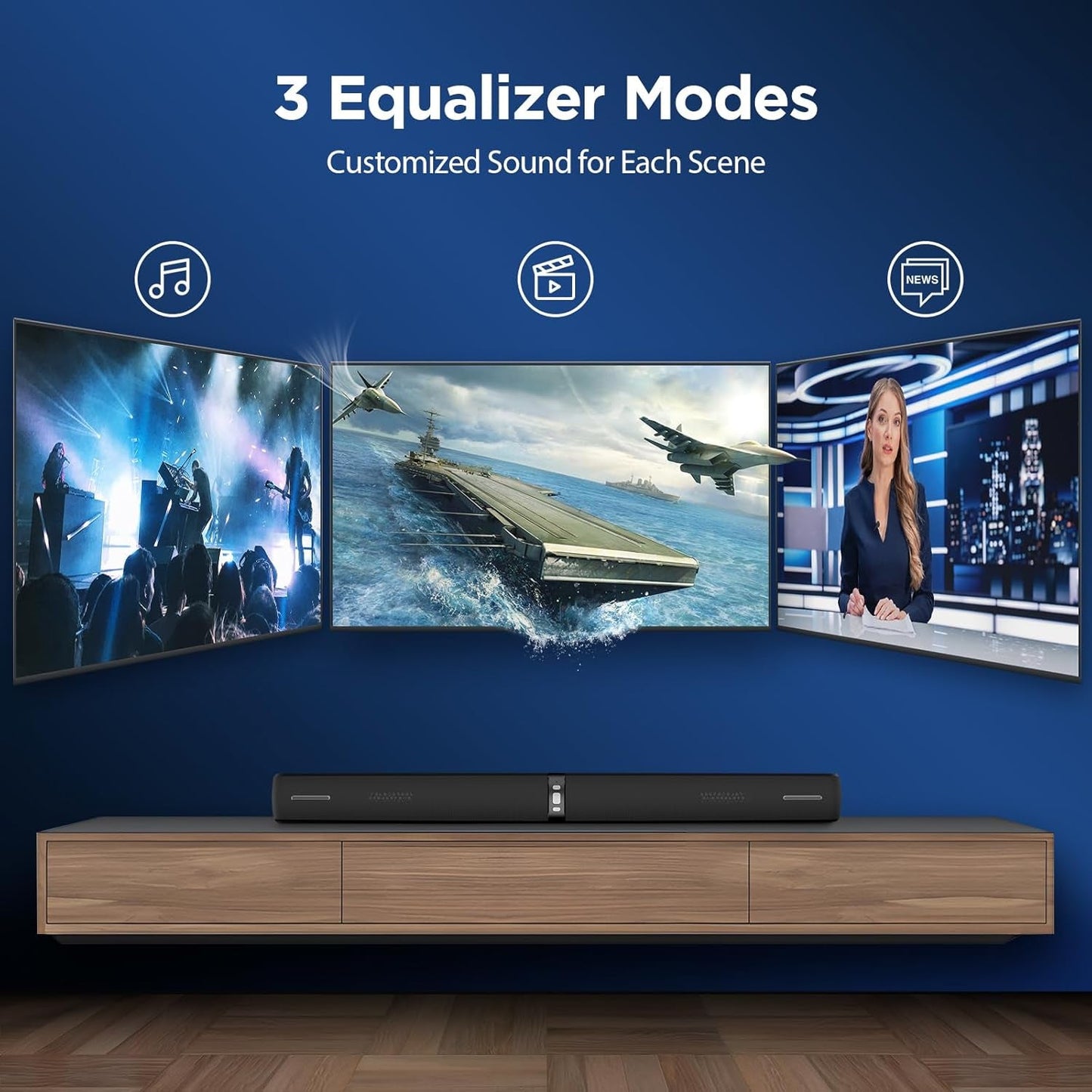 Sound Bar for Smart TV,90W Soundbar with Bluetooth/Arc/Optical/Aux Connect, Auto Volume Boost, 3 Customizable Equalizer Modes, 2 in 1 Detachable Soundbar for Tv/Pc/Gaming/Projectors