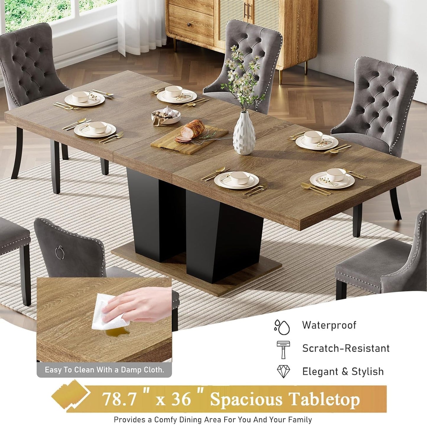 Farmhouse Extendable Dining Room Table Set for 8, 9-Piece Rectangle Kitchen Dining Room Table Set with Wood Base and 8 Green Velvet Dining Chairs, Extending Kitchen & Dining Table Set