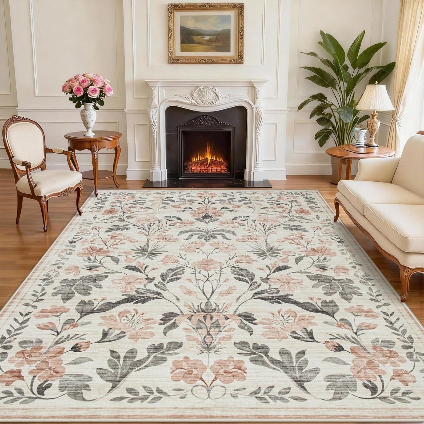 8X10 Area Rugs Washable Rug: Lagre Boho Living Room Rug Soft Non-Slip Thin Carpet Indoor Floor Non-Shedding Neutral Floral Carpets for Bedroom Dining Room Farmhouse Nursery Pink