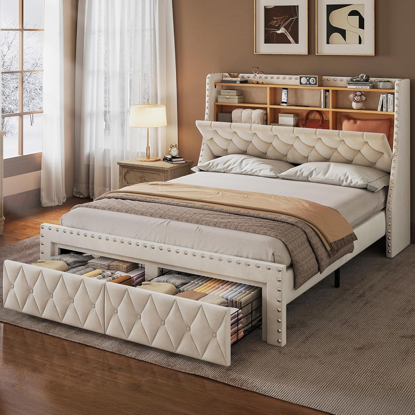 1000Lbs Heavy Duty Queen Size Bed Frame with 3-Tier Storage, Tall Wingback Headboard Upholstered Velvet Modern Platform Bed with Charging Station, No Box Spring Needed