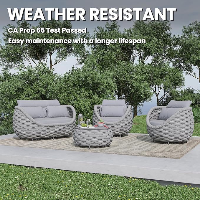 Erotr Woven Rope Patio Sofa Furniture Set of 4: Aluminum All Weather Outdoor Conversation Set, Couch Armchair and Loveseat Set with Table Cushions for Deck Porch Poolside Garden Backyard Hotel - Gray