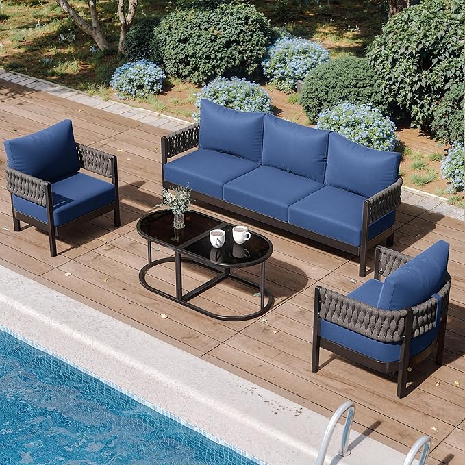RTDTD Aluminum Patio Furniture Set,5 Pieces HDPE Rope Patio Conversation Sets with Modular Coffee Table,Metal Outdoor Sectional Furniture w/5.9" Thick Cushions for Porch,Deck,Backyard,Navy Blue