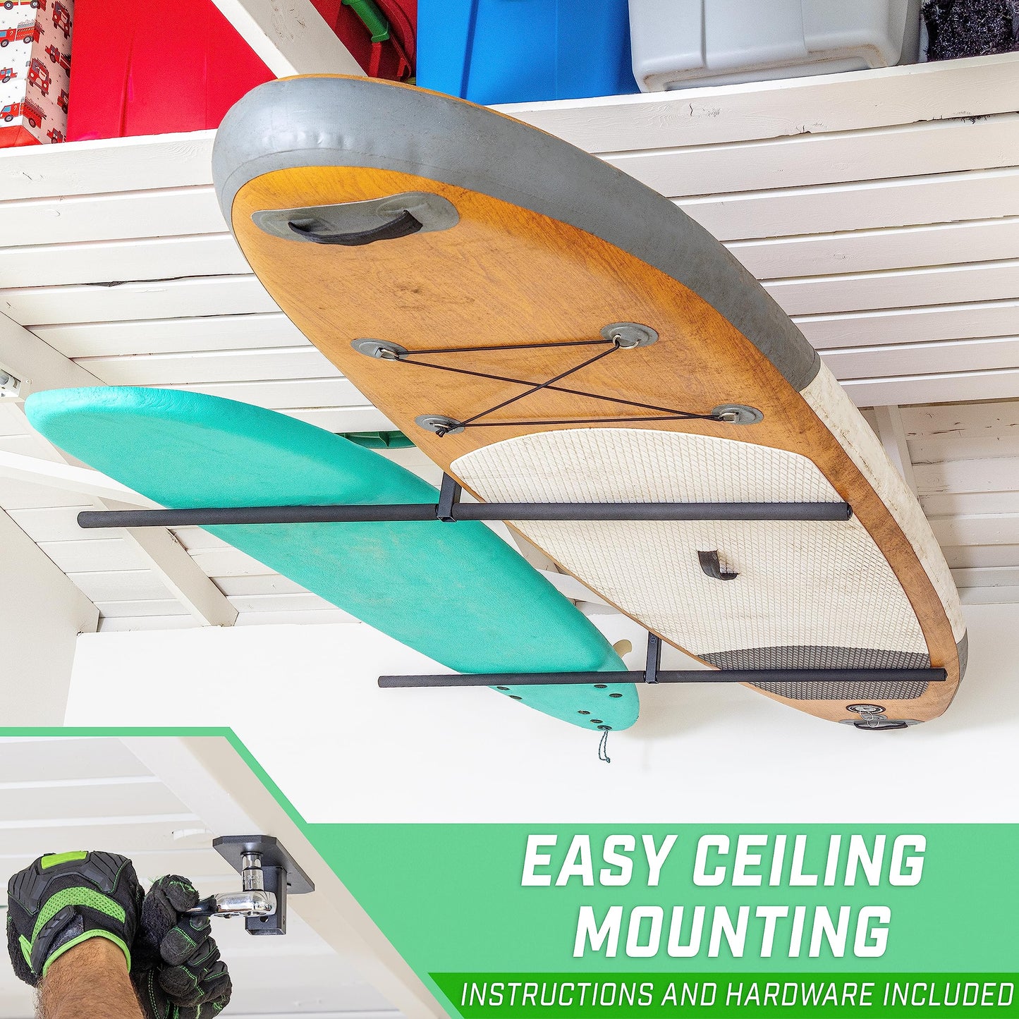 GoSports Kayak Rack for Garage Ceiling Mount - Adjustable Storage Hangers for 2 Kayaks, SUPs, or Surfboards