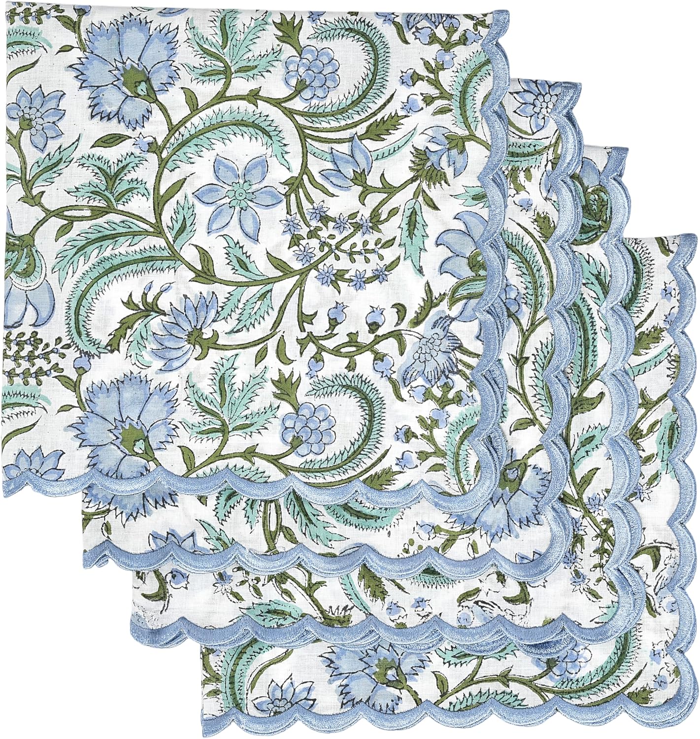 Ridhi Columbia BlueHand Block Print Napkins 18" x 18" Set of 4 Reusable Cotton Dinner Napkins for Weddings, Parties & Everyday Dining, Thanksgiving, Christmas, Fall