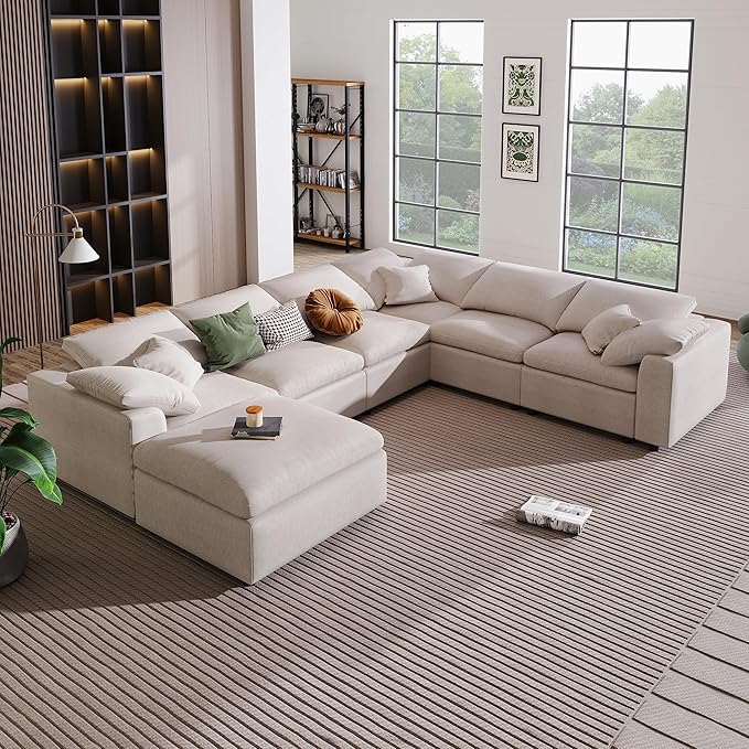 KIVENJAJA 130.3" W Oversized Cloud Couches for Living Room, 7 Seater Convertible Modular Sectional Sofa with Ottoman, Large U Shaped Corner Couch Furniture Set, Chenille Fabric, Modern, Beige