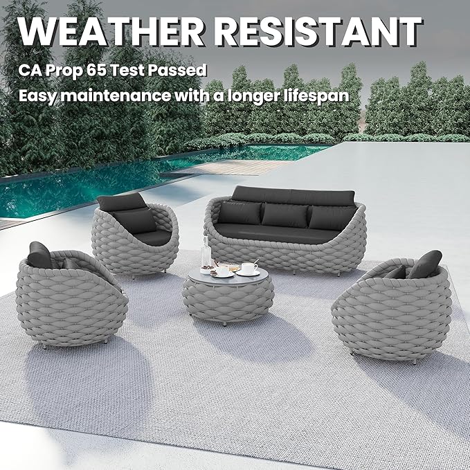 Erotr Aluminum Outdoor Seating Set: 5 Pieces Woven Rope Patio Conversation Set - Metal Sofa Set Cushioned Assembled - Modern Couch Porch Furniture for Deck Lanai Balcony Yard Poolside Hotel Resort
