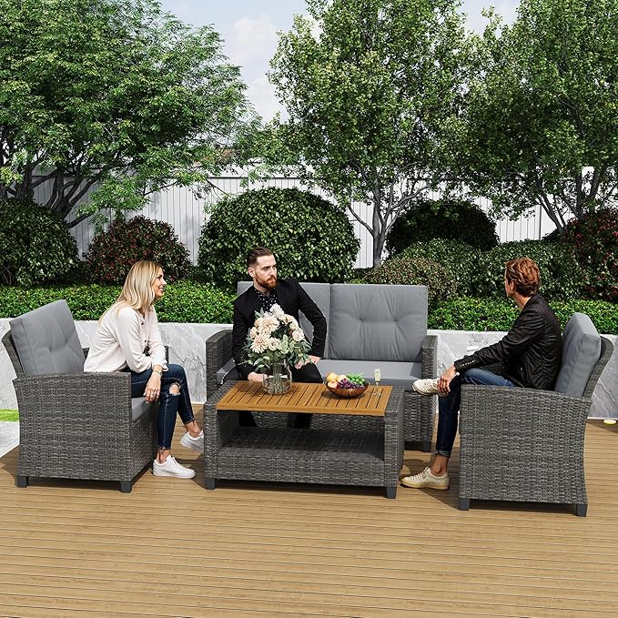Wisteria Lane 4 Piece Patio Furniture Set, Wicker Outdoor Patio Conversation Furniture Set, All Weather Outdoor Patio Sofa with Cushion and Wood Table, Gray Wood