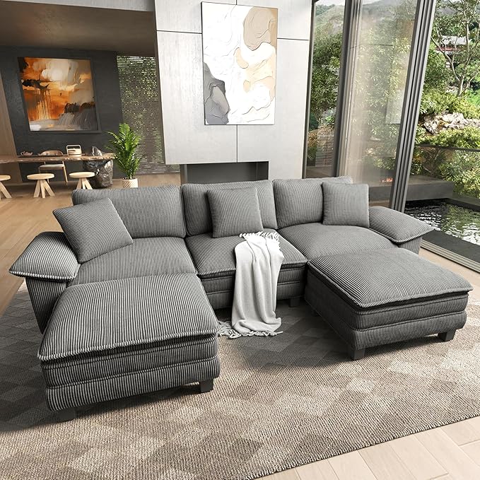 HERA'S HOUSE 124" Modular Sectional Sofa, Oversized U Shaped Couches for Living Room, Comfy Cloud Couch with Ottoman, 5-Seater Deep Seat Sofa with Throw Pillow, Corduroy Grey