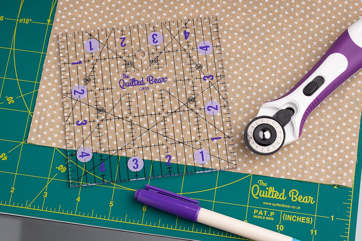 The Quilted Bear Quilting Rulers - Transparent Acrylic Non Slip Quilting, Patchwork & Sewing Ruler with Clear Black Lines & 30, 45 & 60 Degree Angles for Perfect Accuracy & Precision (4" x 4")