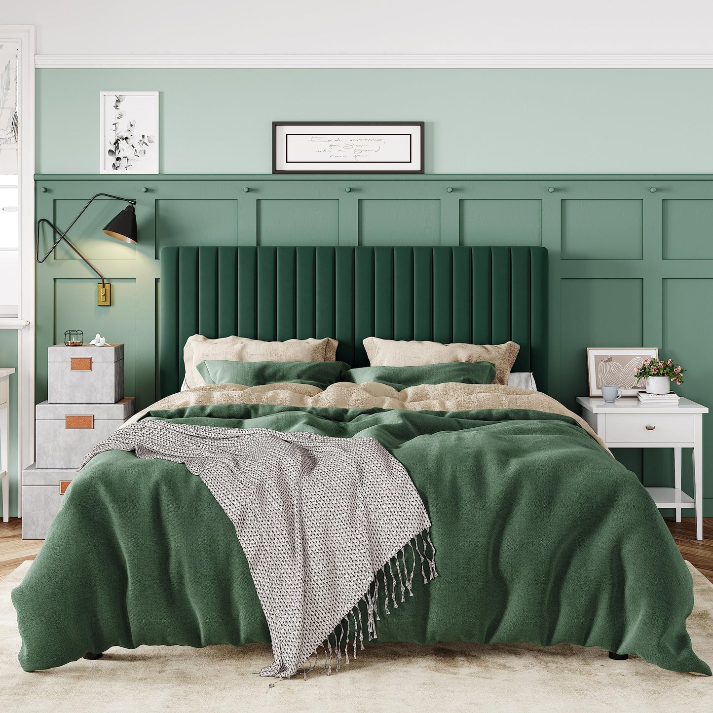 Allewie Queen Bed Frame, Velvet Upholstered Platform Bed with Adjustable Vertical Channel Tufted Headboard, Mattress Foundation with Strong Wooden Slats, Box Spring Optional, Easy Assembly, Green