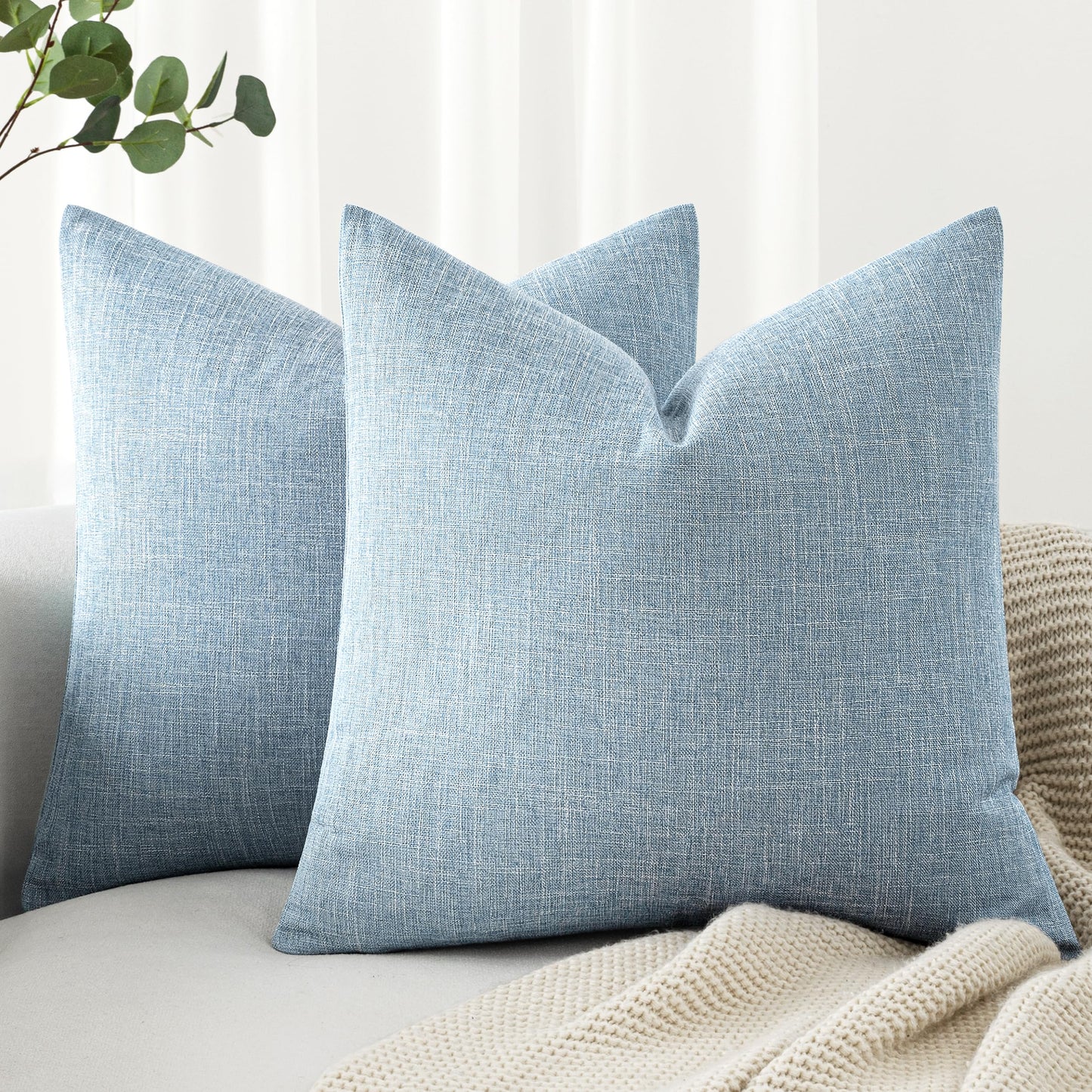 MIULEE Pack of 2 Decorative Linen Burlap Coastal Pillow Covers Farmhouse Boho Accent Pillowcases for Sofa Car Couch Bedroom Living Room Decor 20x20 Inch Light Blue