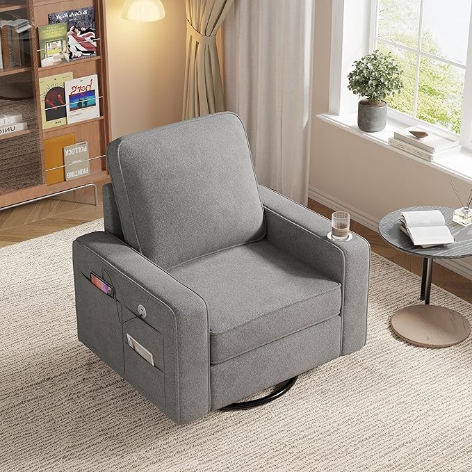 Swivel Square Accent Chair with Wide Armrests,360° Rotating Comfy Single Sofa Chairs with USB/Type-C,Cup Holder & Side Pocket,Modern Armchair for Living Room Bedroom Reading Lounge Nook,Light Grey | Swivel Accent Chair, with USB/Type-C, Cup Holder, Sid...