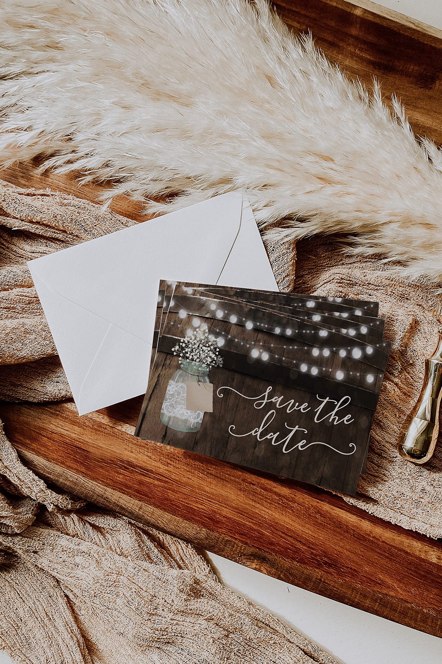 Your Main Event Prints 50 Rustic Mason Jar Save The Date Cards for Wedding, Engagement, Anniversary, Baby Shower, Birthday Party, Wood Save The Dates Postcard Invitations