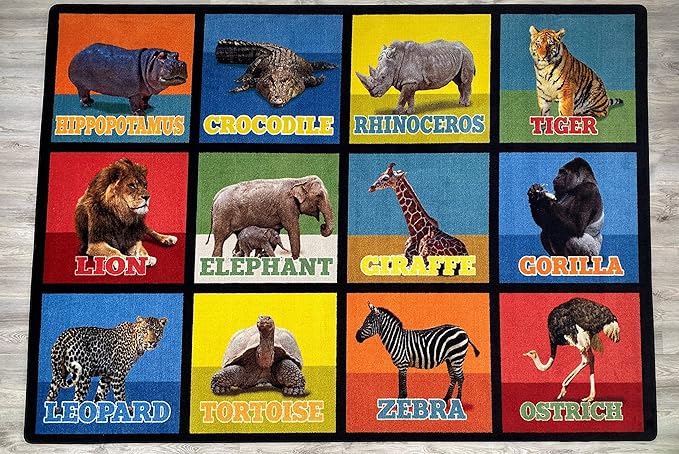 KIDCARPET.COM Animal Picture Squares 6' x 8'6" Rectangle Area Rug, Educational Classroom Rug, Kids Learning Play Mat | Area Rug for Bedroom or Playroom