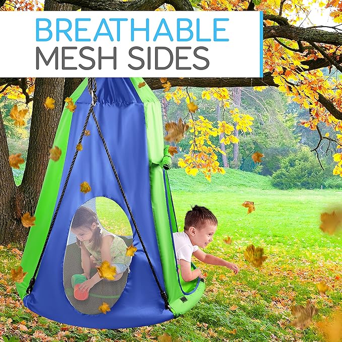 SereneLife 40" Kids Hanging Tent Swing, Outdoor Saucer Swing with Rope Straps (Green), Large