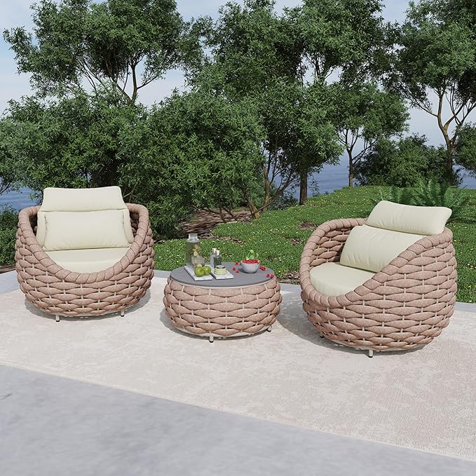Erotr 3 Pieces Porch Furniture Set: Aluminum Patio Conversation Sofa Set - Assembled Couch Armchair Table Set Cushioned - Hand Woven Rope Chair Set 400 LBS All Weather for Indoor Deck Balcony Hotel