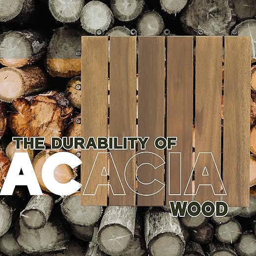 VICTORY RELAX Acacia Wood Decking Tiles 27PCS - Easy Snap Interlocking Deck Tiles for Patio Poolside Balcony Decor - All Weather Waterproof Flooring for Indoor & Outdoor (Round Joints)