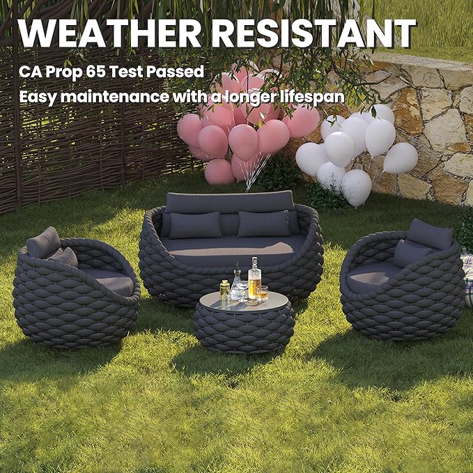 Erotr Aluminum Patio Furniture Set of 4: Woven Rope Outdoor Conversation Sofa Set Assembled - Modern Cushioned Armchair Couch Set for 660lbs Porch Deck Backyard Poolside Drawing Room Hotel, Dark Gray