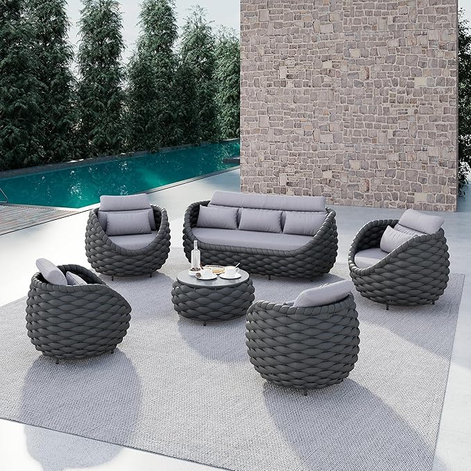 Erotr Metal Outdoor Conversation Sets: 6-Piece Aluminum Patio Furniture Set - Woven Rope Porch Sofa Set w/Coffee Table Cushions - Assembled Modern Lounge Couch for Deck Garden Yard Pool Hotel Resort