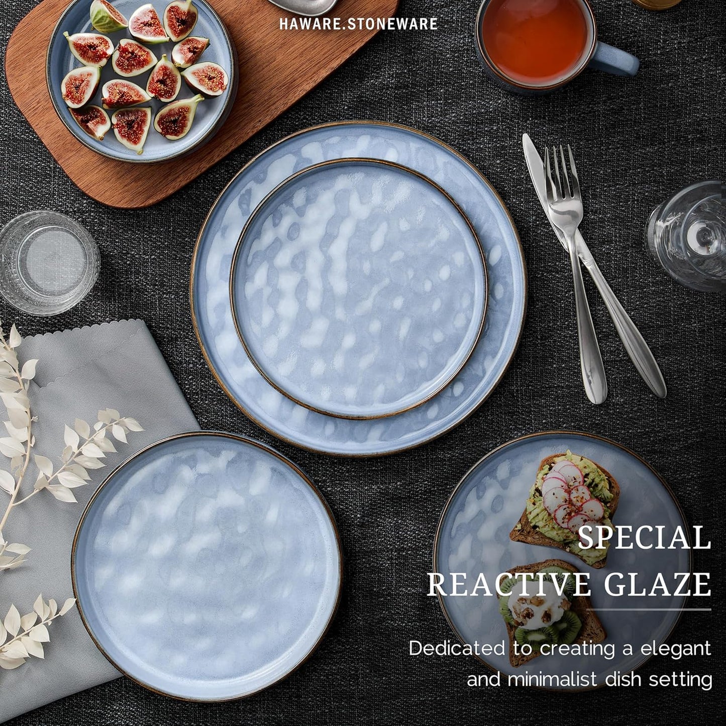 HaWare Dinnerware Sets, 6-Piece Plates and Bowls Set, Stoneware Dish Set for 2, Ceramic Dinnerware for Home Restaurant, Chip and Scratch Resistant, Microwave and Dishwasher Safe, Reactive Blue