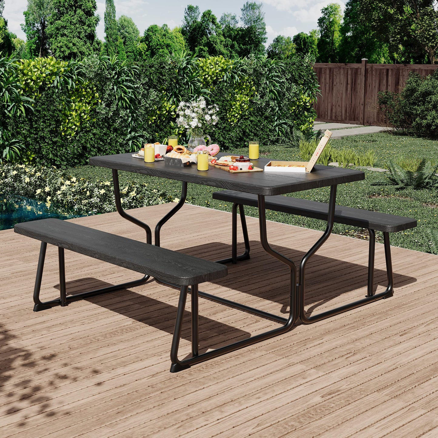 Reljofum Outdoor Picnic Table and Bench Set, All Weather Camping Picnic Tables, Wood Grain Tabletop & Metal Frame, Picnic Tables for Outdoors Camping Backyard Deck Patio Poolside Dining Party, Black