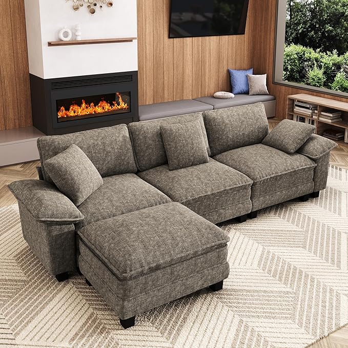 MIXPATIO 123-Inch L Shaped Sectional Sofa with Cloud Cushions, Deep Seat Modular Couch Set w/ 4 Seats & 1 Ottomans, Removable Arms, Plush Chenille Upholstery for Living Room, Apartment - Smoky Gray