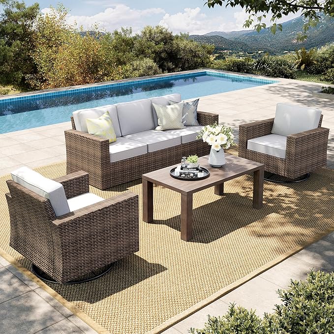 HERA'S HOUSE Patio Furniture Conversation Set, Outdoor Swivel Glide Wicker Chairs with 4.92" Widened Armrest, 4 Pieces Deep Seating Yellow Rattan Sofa with 5.5" Gray Cushions for Deck Garden Yard