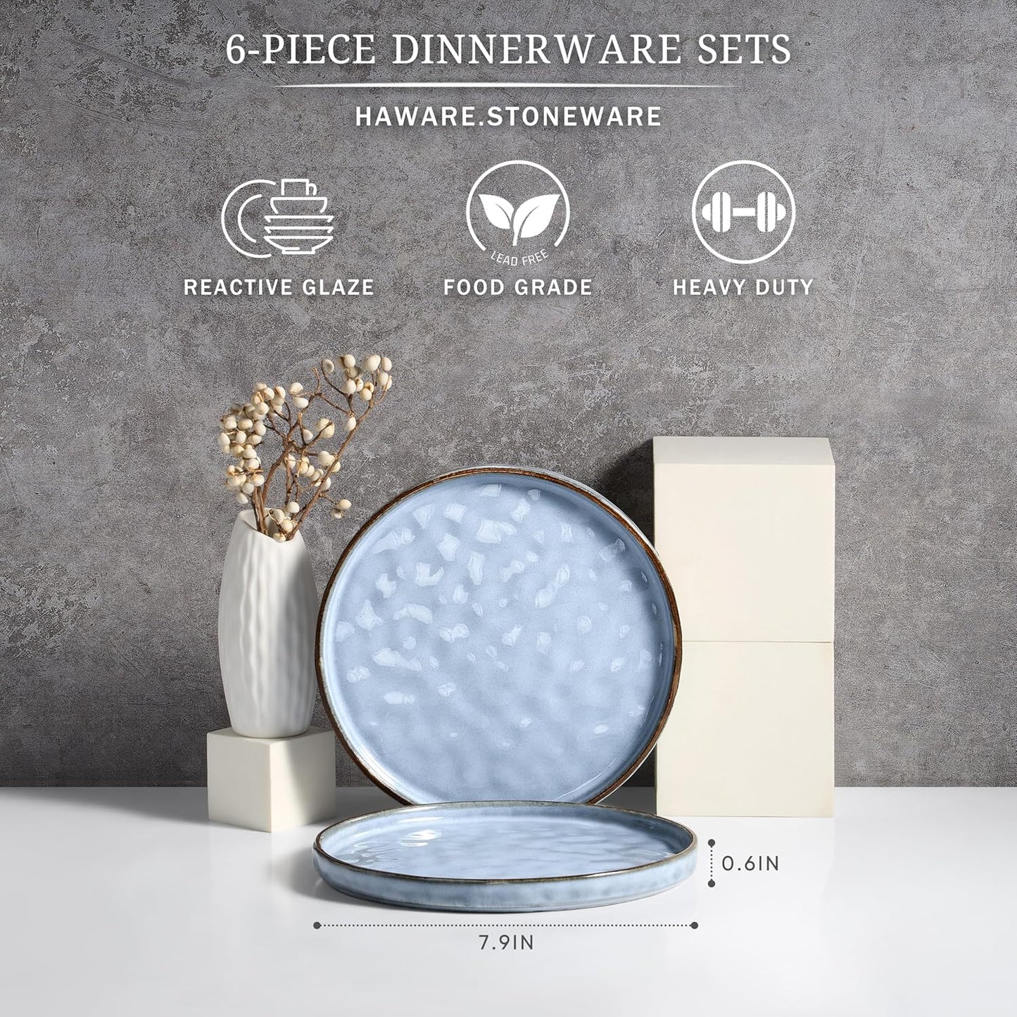 HaWare Stoneware Plates Set of 6, 7.9" Salad Plates, Reactive Glaze Ripple Ceramic Dish Set for Appetizer, Dessert, Scratch Resistant, Small Dinner Plate, Microwave and Dishwasher Safe, Reactive Blue