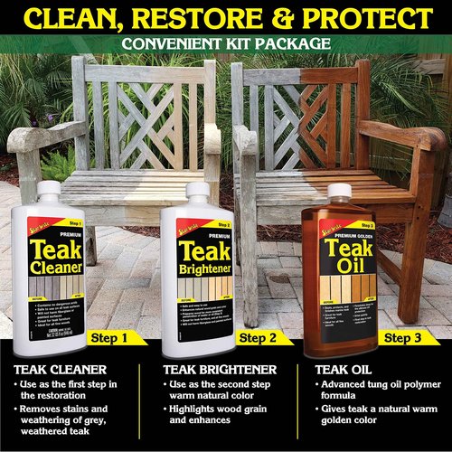 STAR BRITE 32 Ounce Teak Kit + Extra Cleaner - Restore Decks, Patio, Outdoor Furniture, Boats & All Fine Wood - Marine Grade Teak Cleaner, Brightener & Golden Teak Oil Finish + Extra 32 OZ Cleaner