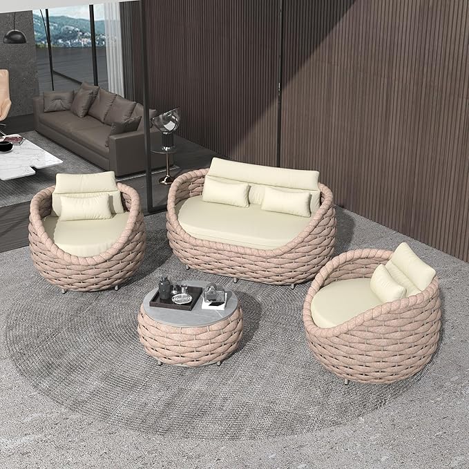 ercimi Outdoor 4 PCS Patio Conversation Set, All-Weather Wicker Patio Couch Sofa with Waterproof Thick Cushion Coffee Table for Porch, Balcony Mocha