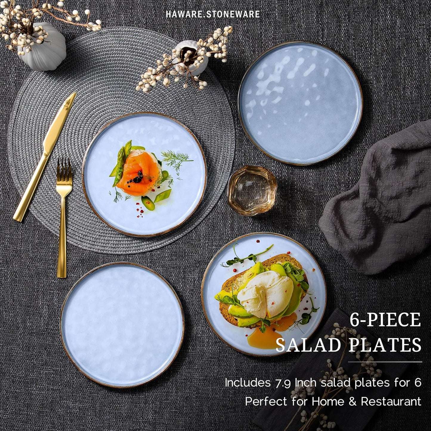 HaWare Stoneware Plates Set of 6, 7.9" Salad Plates, Reactive Glaze Ripple Ceramic Dish Set for Appetizer, Dessert, Scratch Resistant, Small Dinner Plate, Microwave and Dishwasher Safe, Reactive Blue