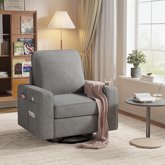 Swivel Square Accent Chair with Wide Armrests,360° Rotating Comfy Single Sofa Chairs with USB/Type-C,Cup Holder & Side Pocket,Modern Armchair for Living Room Bedroom Reading Lounge Nook,Light Grey | Swivel Accent Chair, with USB/Type-C, Cup Holder, Sid...