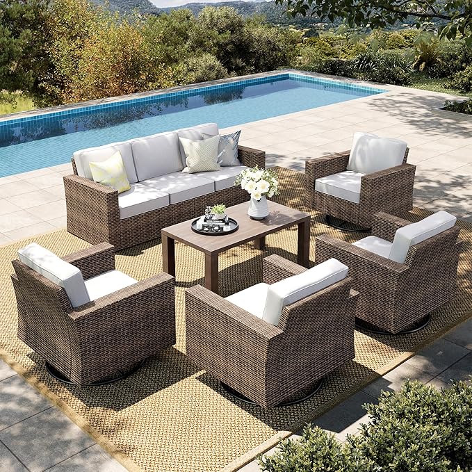 HERA'S HOUSE Patio Furniture Conversation Set, Outdoor Swivel Wicker Chairs with 4.92" Widened Armrest, 6 Pieces Deep Seating Rattan Sofa with 5.5" Gray Cushions for Deck Garden Yard