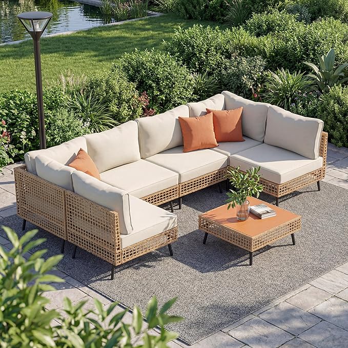 LAUSAINT HOME 7 Pieces Outdoor Sectional Sofa Set, All-Weather PE Wicker Rattan Patio Conversation Set with Thick Cushions & Coffee Table, Patio Furniture Set for Garden, Backyard, Porch (Beige)