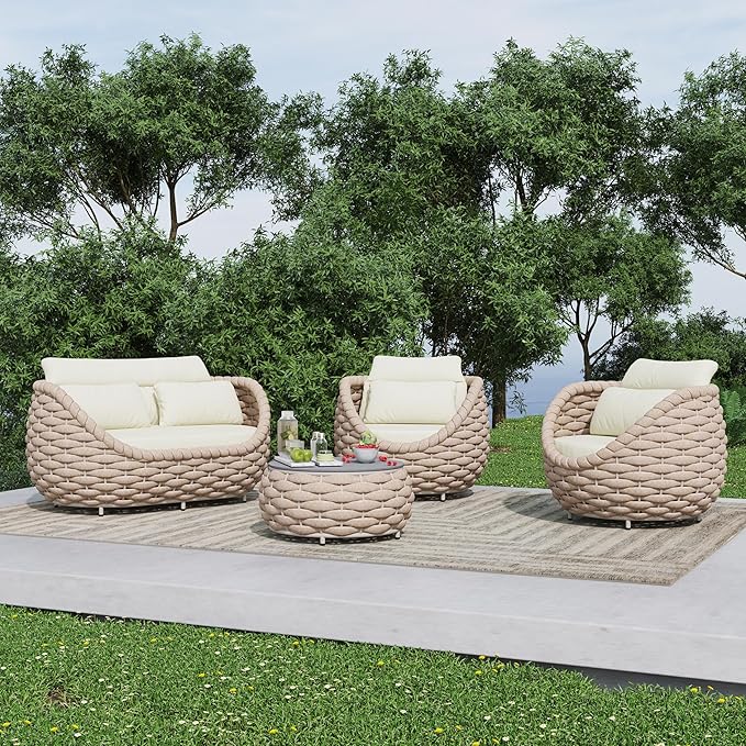 Erotr 4 Piece Aluminum Patio Furniture: Hand Woven Rope Sofa - Modern Outdoor Sofa Seating with Cushion - All Weather Patio Set for Deck, Yard, Garden, Poolside, Hotel - Terracotta