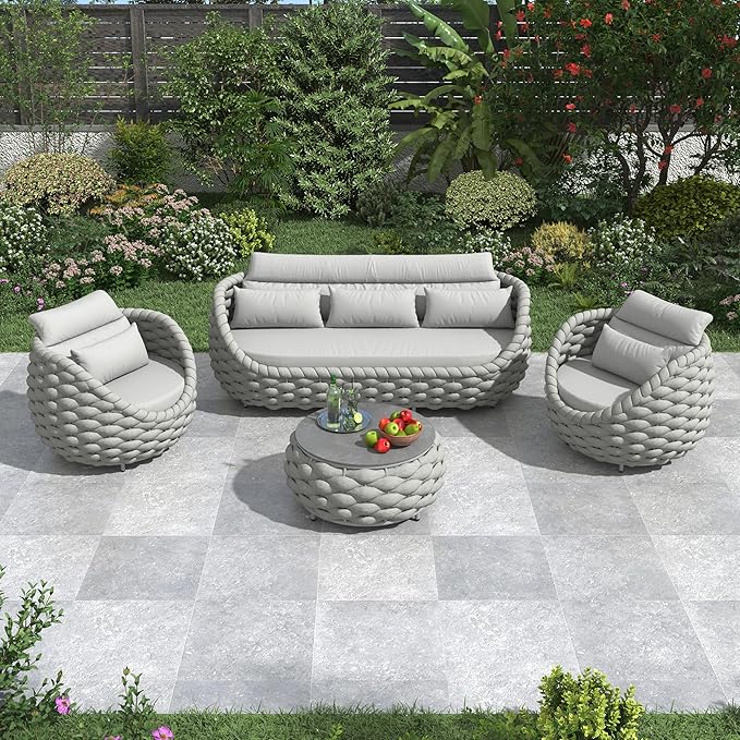 Erotr 4 Pieces Woven Rope Patio Conversation Set: Rustproof Aluminum Frame, Weather Resistant, Thick Cushions, No Assembly, Easy to Clean, Comfy Outdoor Sofa Set for Porch Deck Yard Hotel - Gray