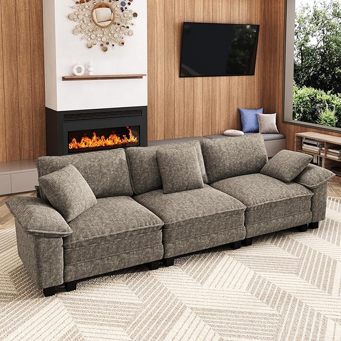MIXPATIO 123" Cloud Modular Sectional Sofa, 3-Seater w/Deep Seat & Removable Arms, Plush Chenille for Living Room - Smoky Gray