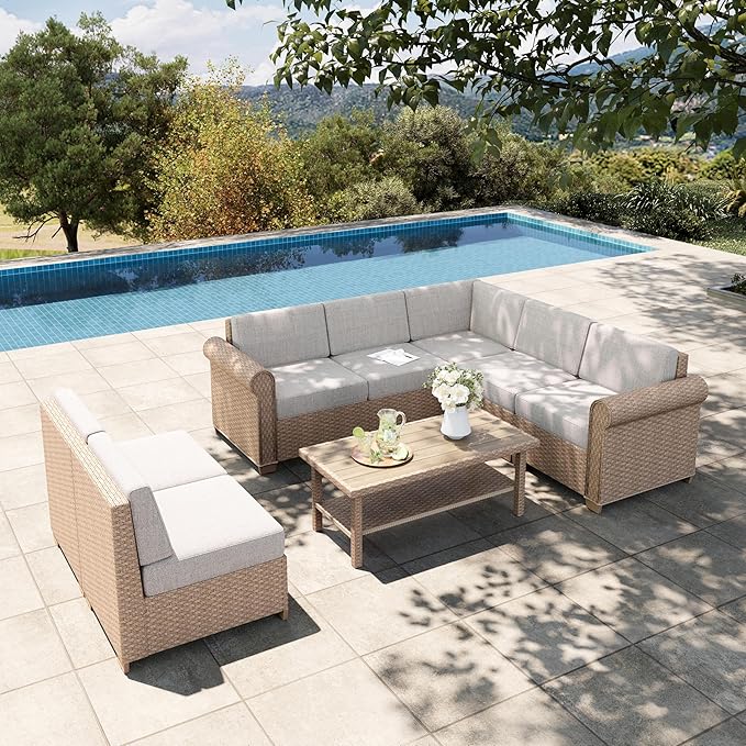 HERA'S HOUSE Patio Furniture Set, All Weather 7 Seats Outdoor Sectional Wicker Sofa with 44" Coffee Table, 5.5" Thick Waterproof Cushion 8 Piece Modular Conversation Set for Garden Deck Backyard