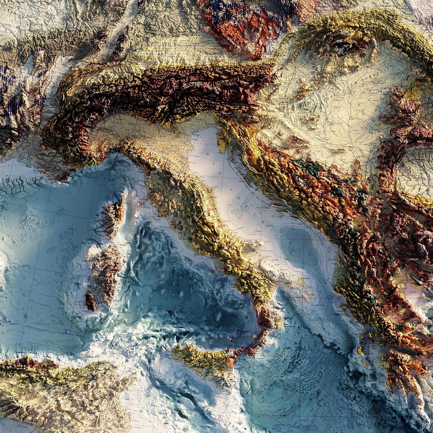 Muir Way Shaded Relief Elevation Map of Europe - Vintage-Style Topographic Wall Art with Map Look - Unframed Flat Paper Print, 36x30